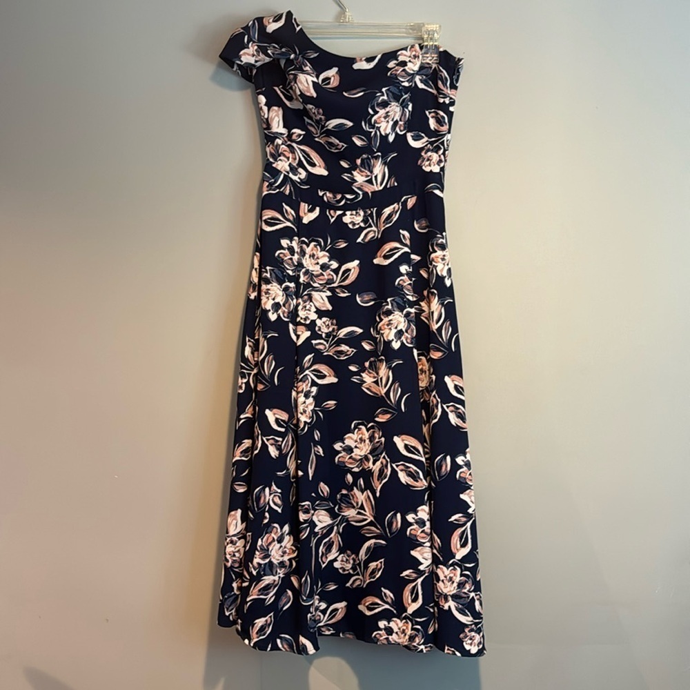 Charles Henry Navy Blue Floral One Shoulder Midi Dress Size Extra Small - Picture 2 of 6